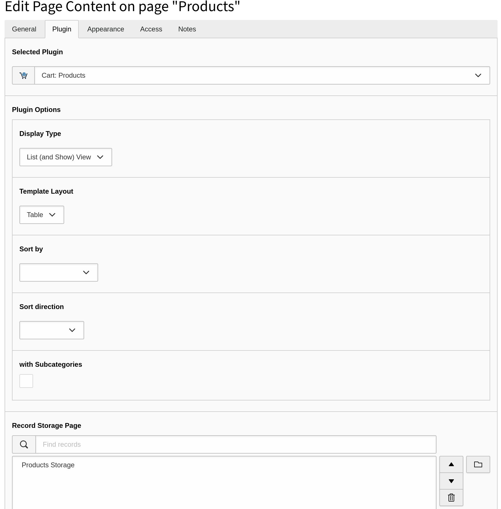 Settings within the plugin "Cart: Products" for the list view