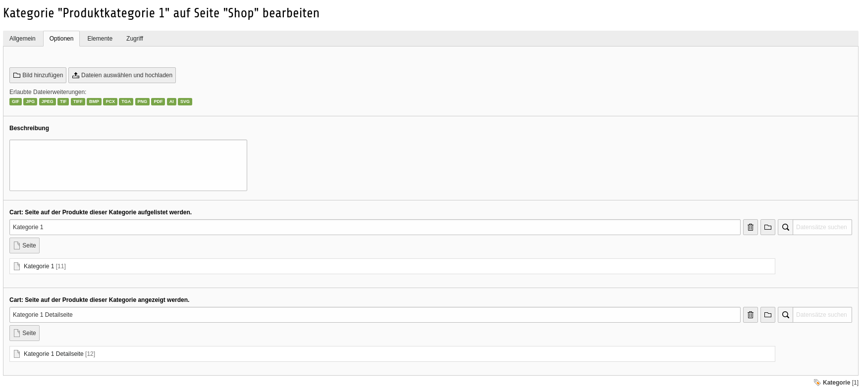 Kategorieoptionen für die Konfiguration der Produktdetailseite dieser Kategorie