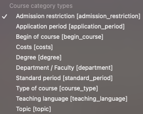 Screenshot of selectable category types in backend