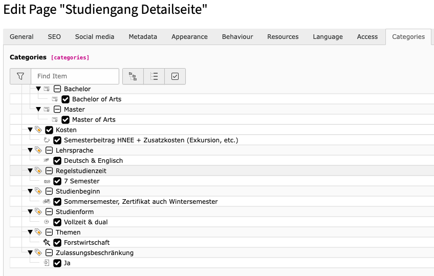 Backend page view of selected categories in category tree