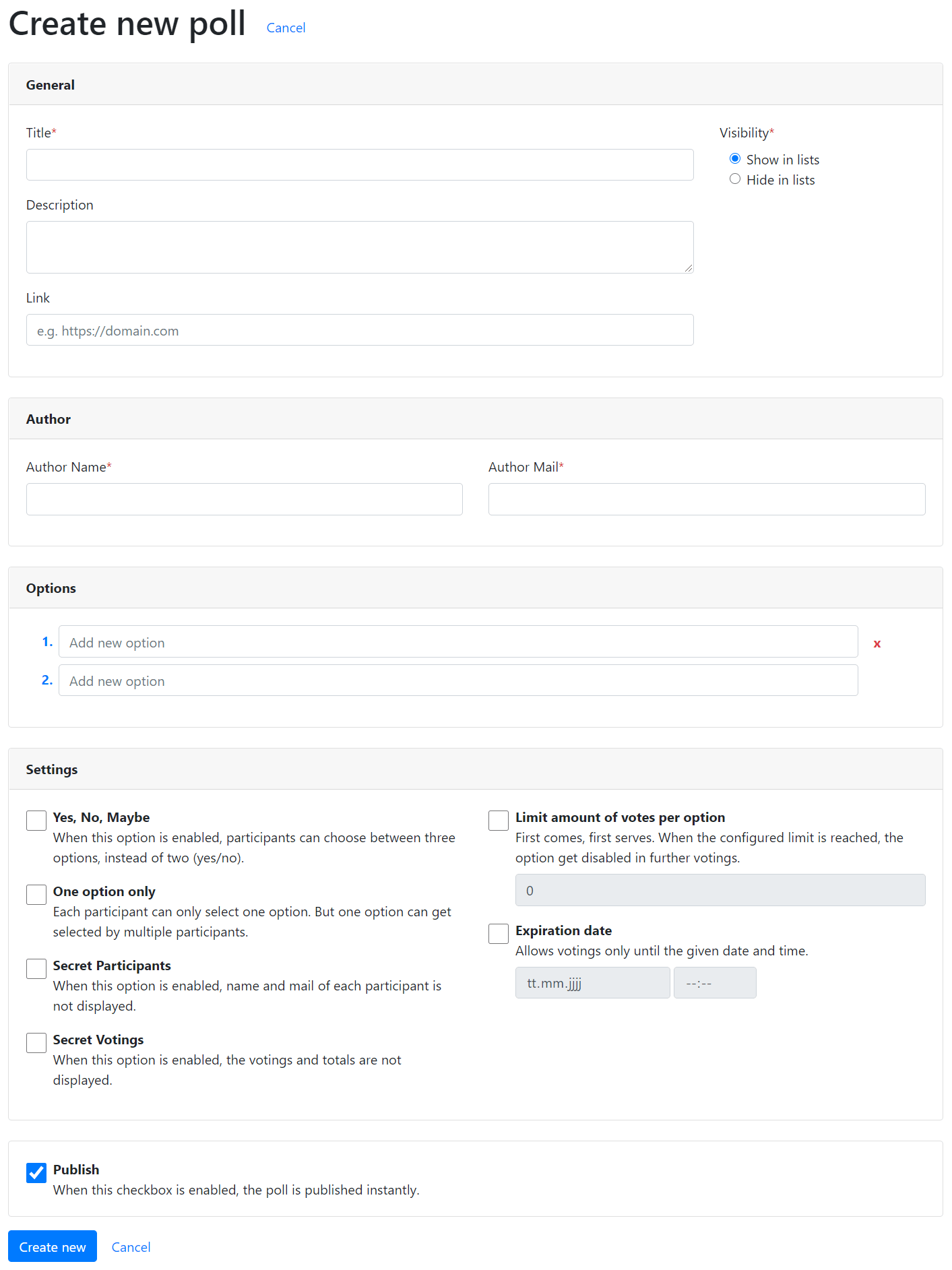 Form to create new polls with t3oodle