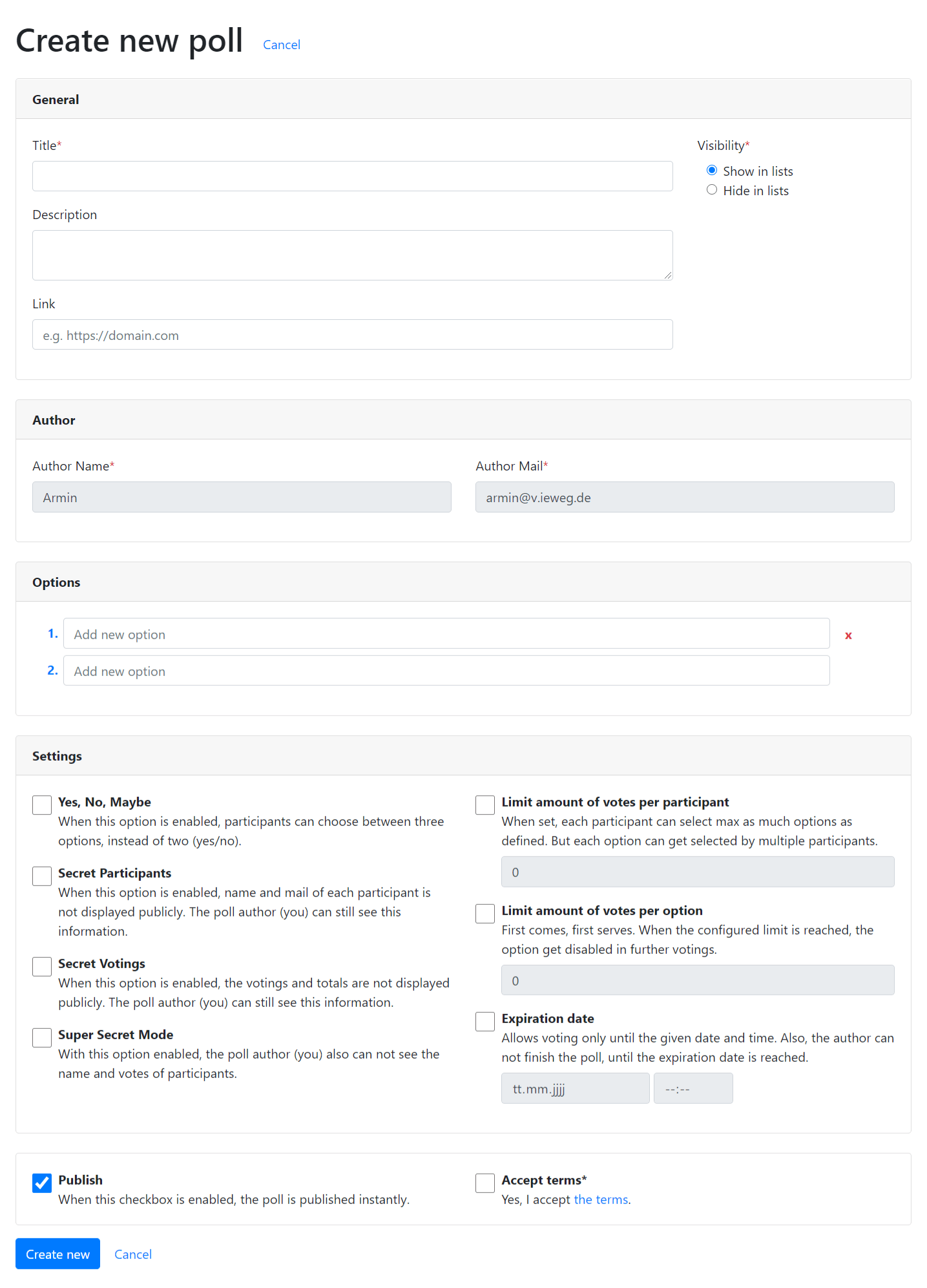 Form to create new polls with t3oodle