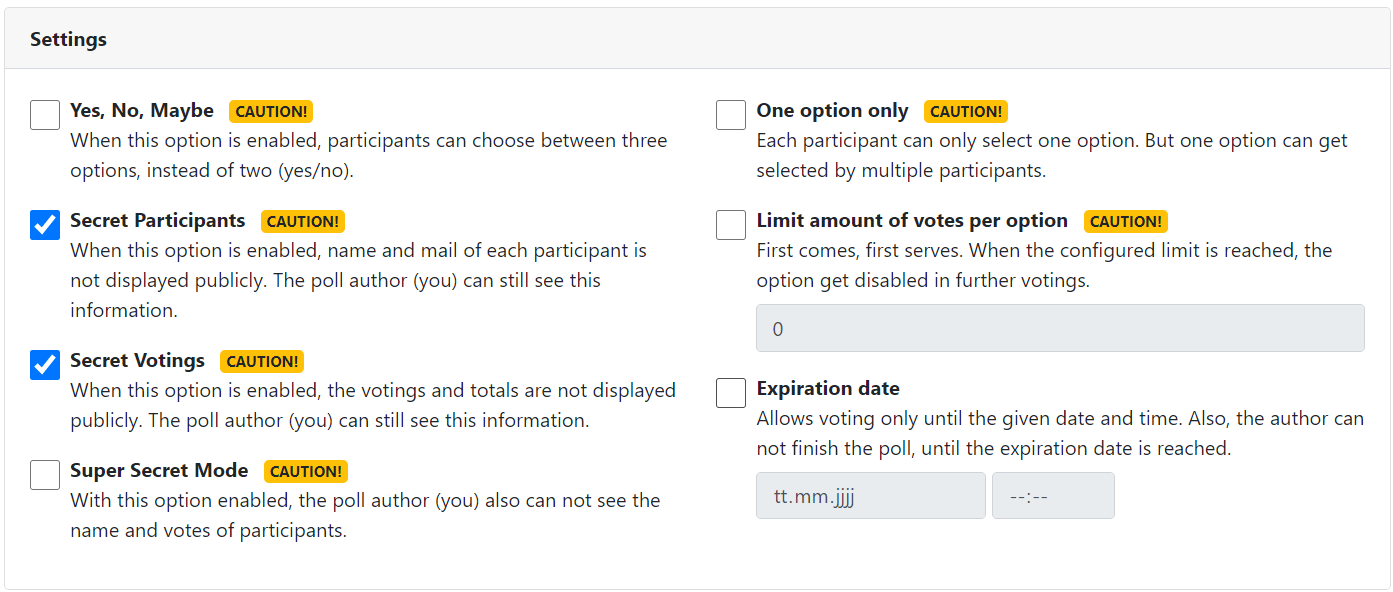 Poll settings with "Caution" label, during editing