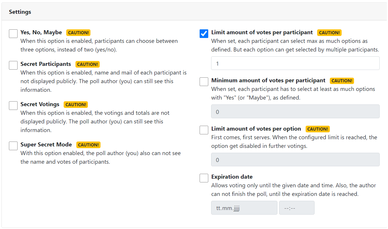 Poll settings with "Caution" label, during editing