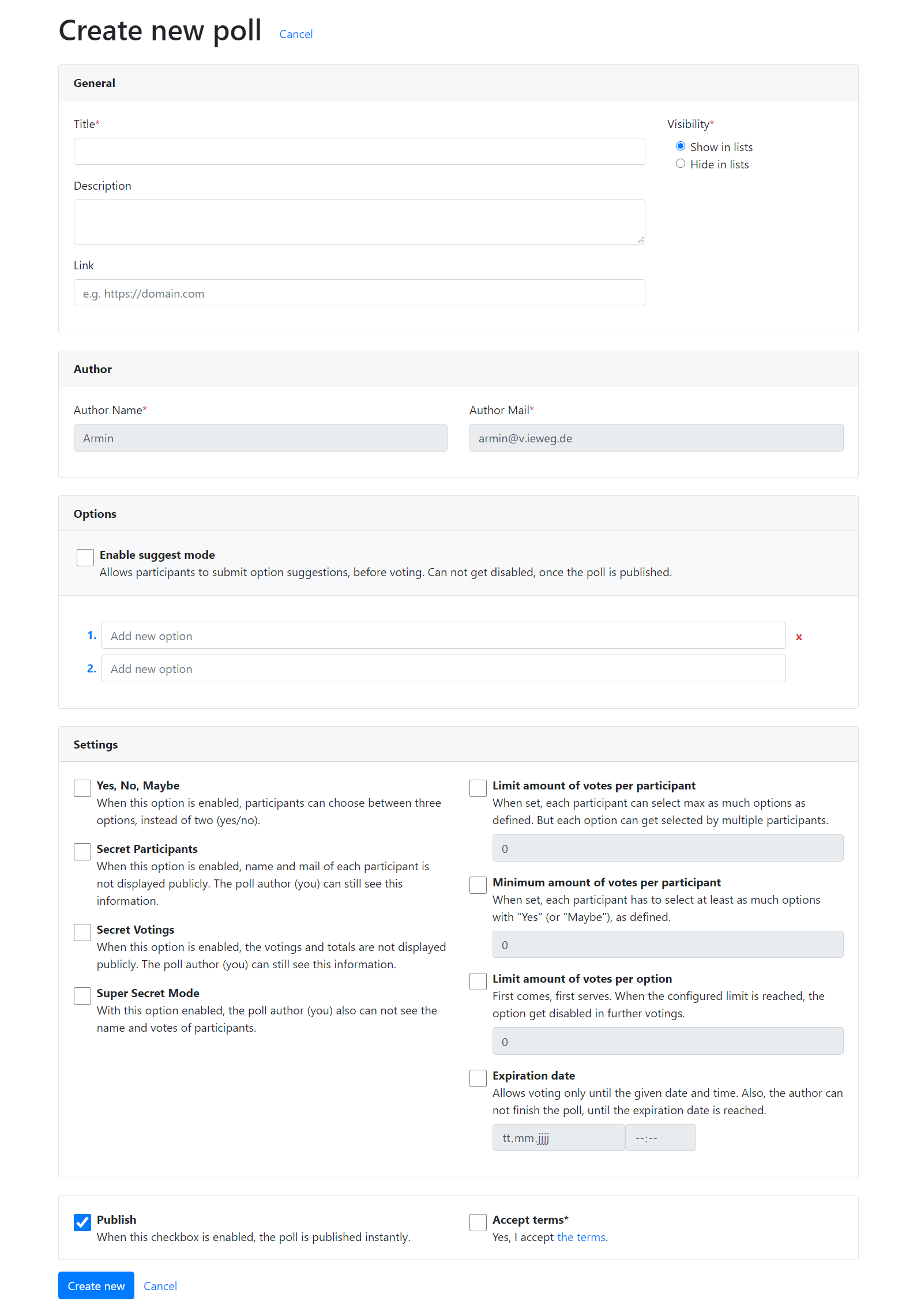 Form to create new polls with t3oodle