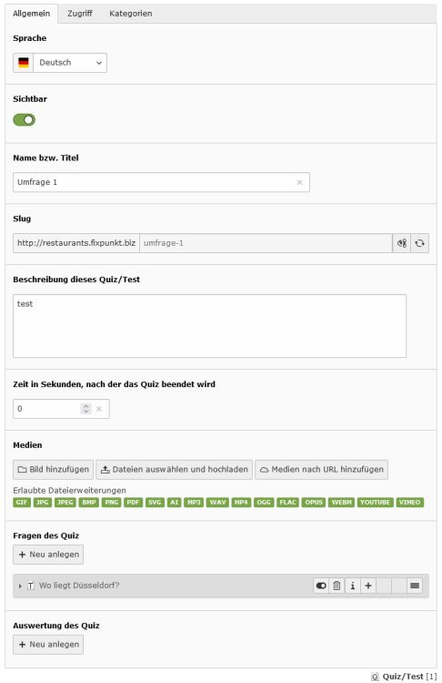 Backend view of a quiz