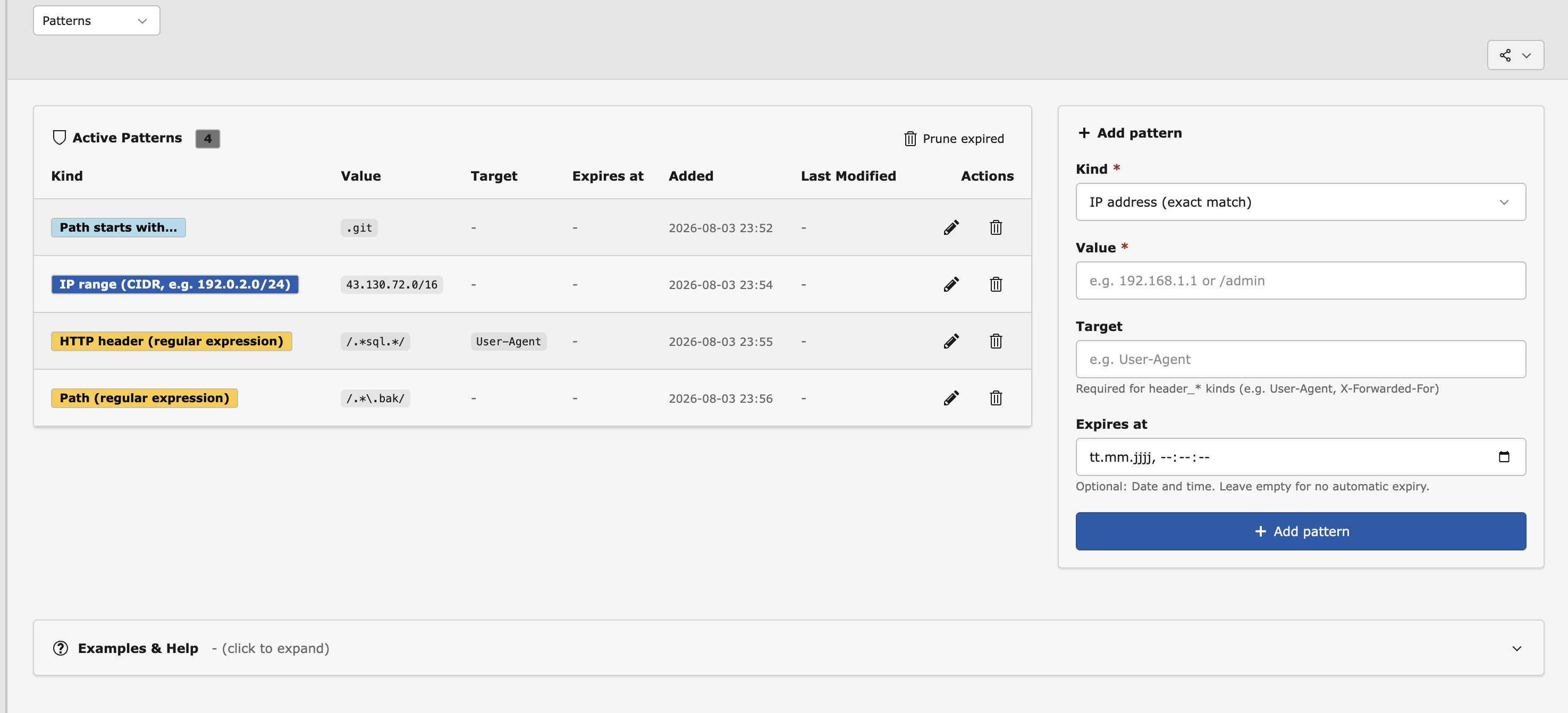 Screenshot of the Patterns view with the pattern list and edit form