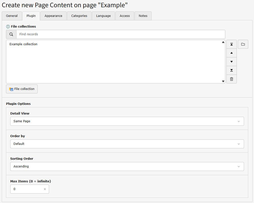 Backend view of EXT:bm_image_gallery plugin for a gallery list