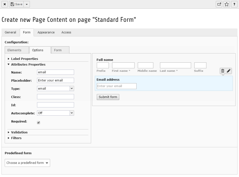 The form wizard with some predefined form elements.