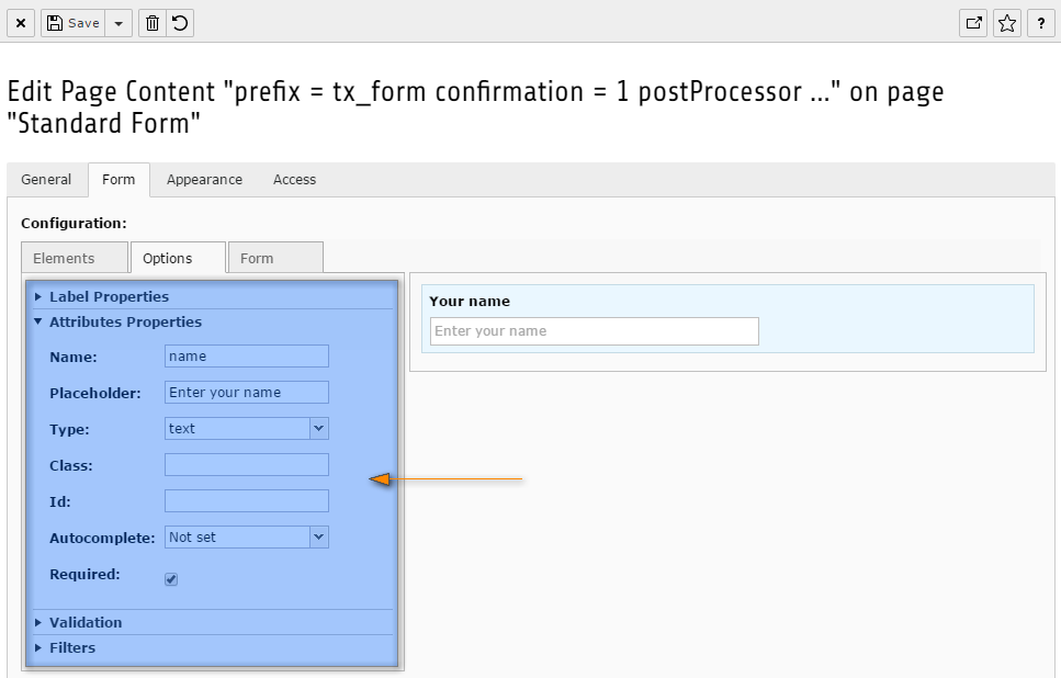 The form wizard with the tab "Options".