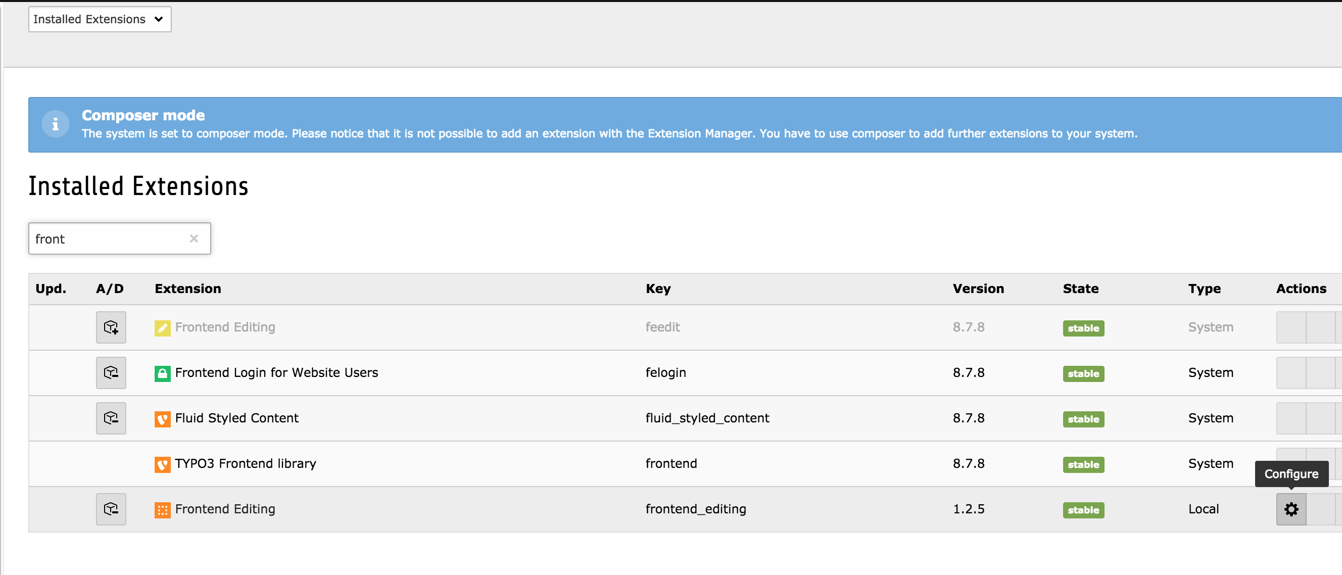 Extension Manager settings of frontend editing