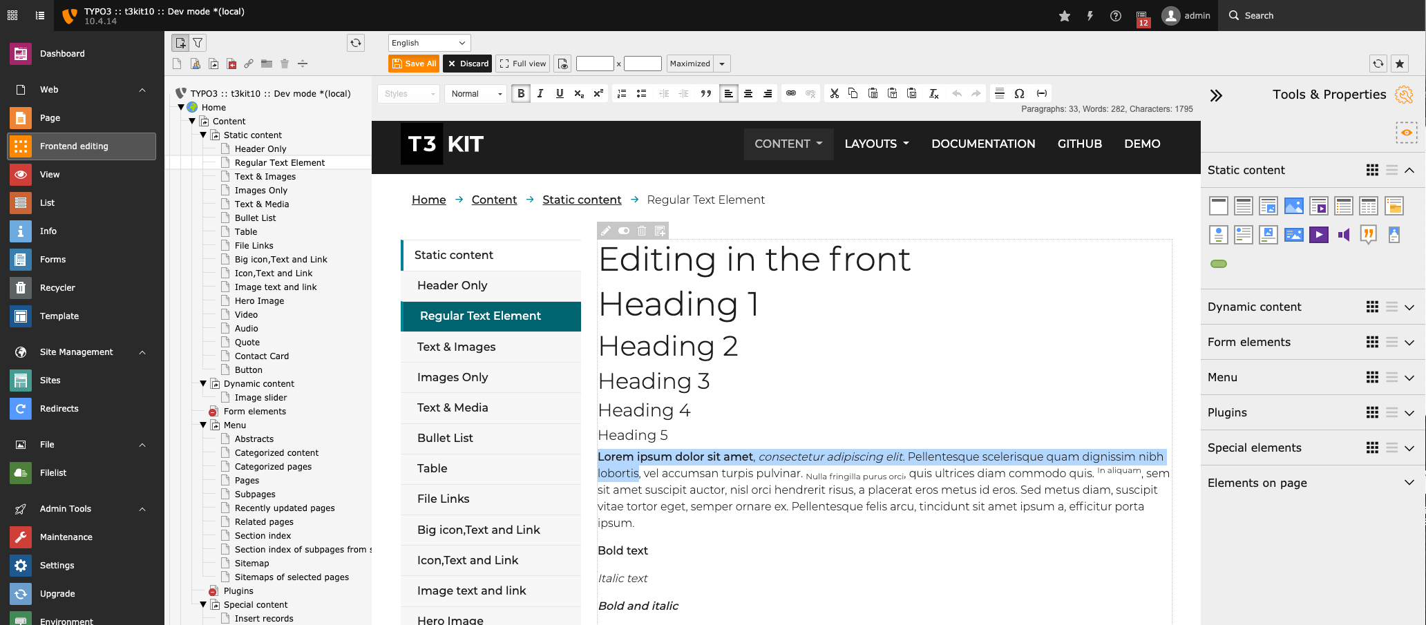 Screenshot of the Frontend Editor in the TYPO3 backend.