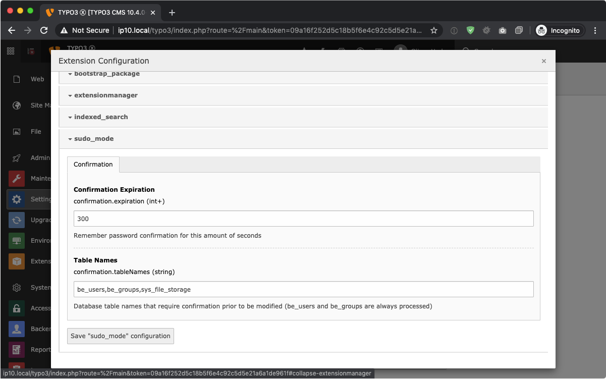 Extension Configuration Settings in Admin Tools