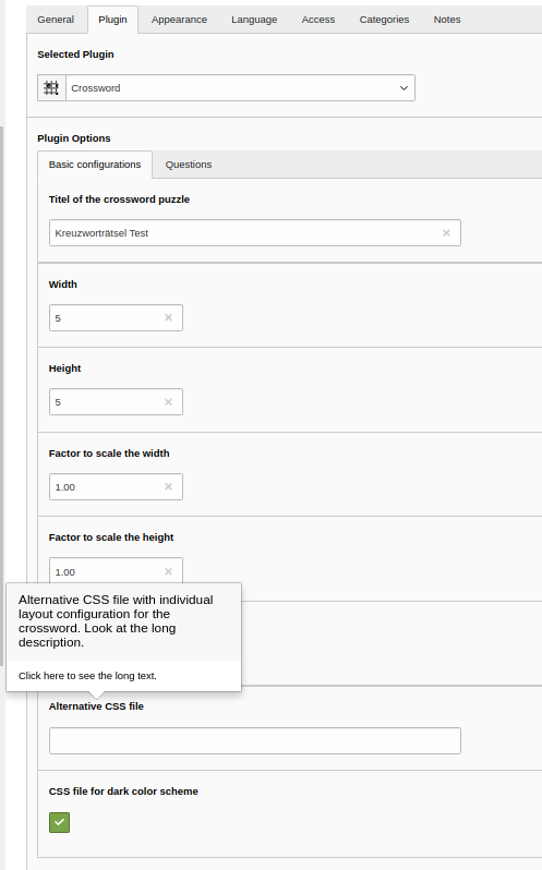 The first part of the plugin confiration tab