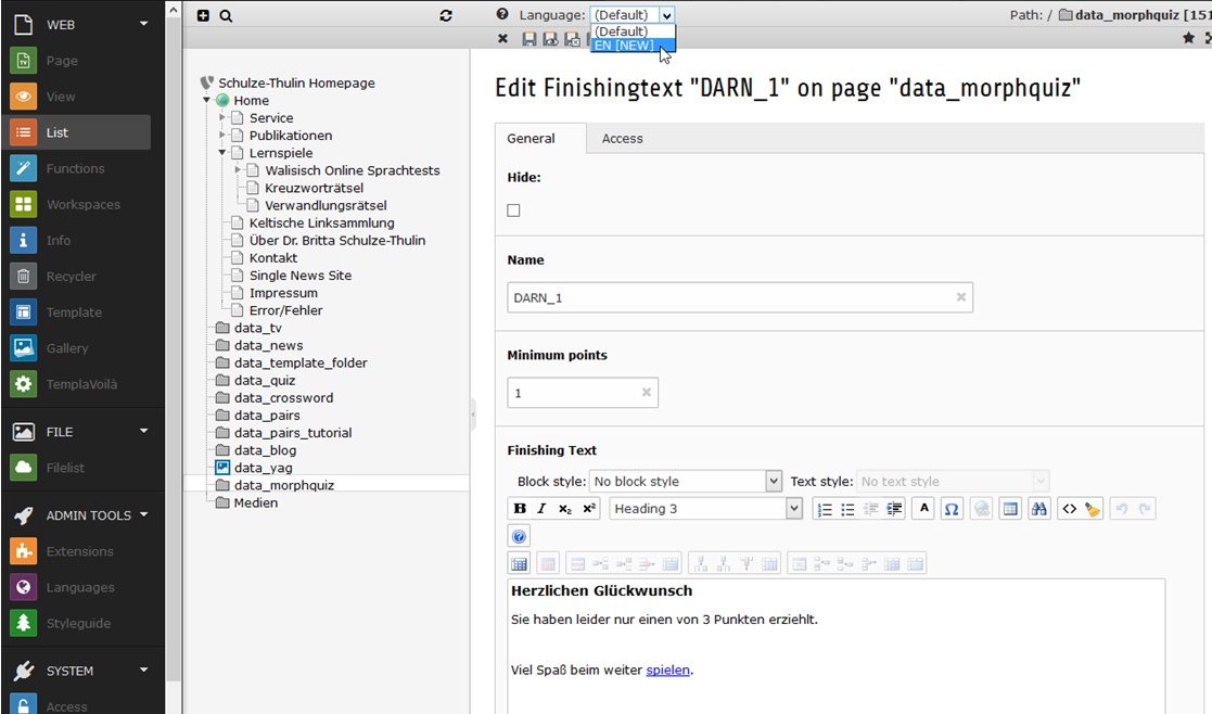 Create a language for the finshing text
