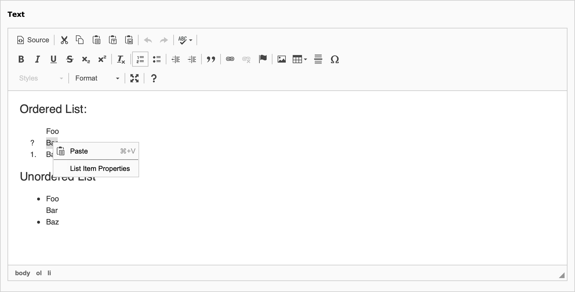 List item context menu