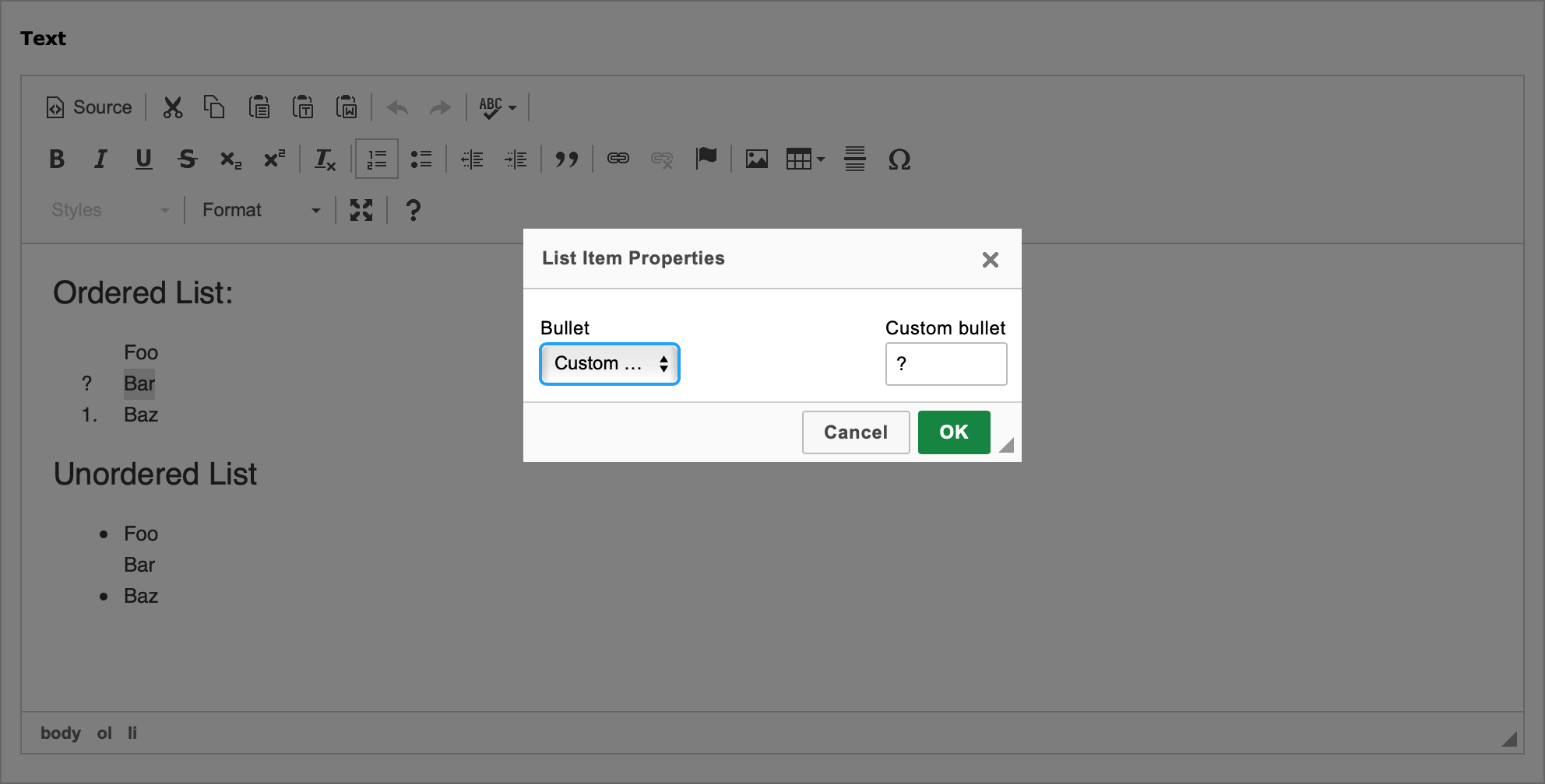List item properties