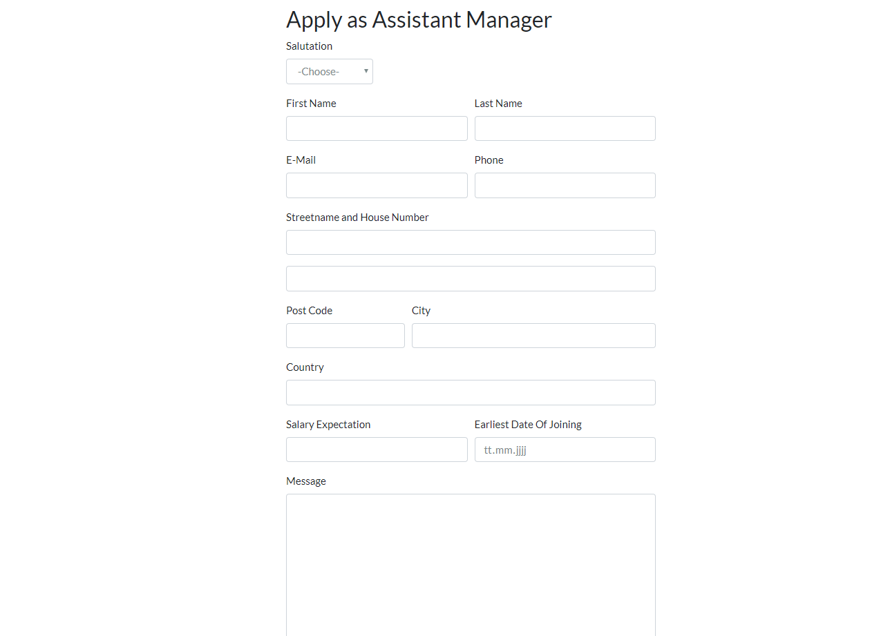 Screenshot of the application form