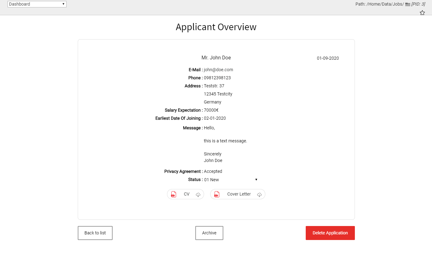 Backend Module Application Detail View