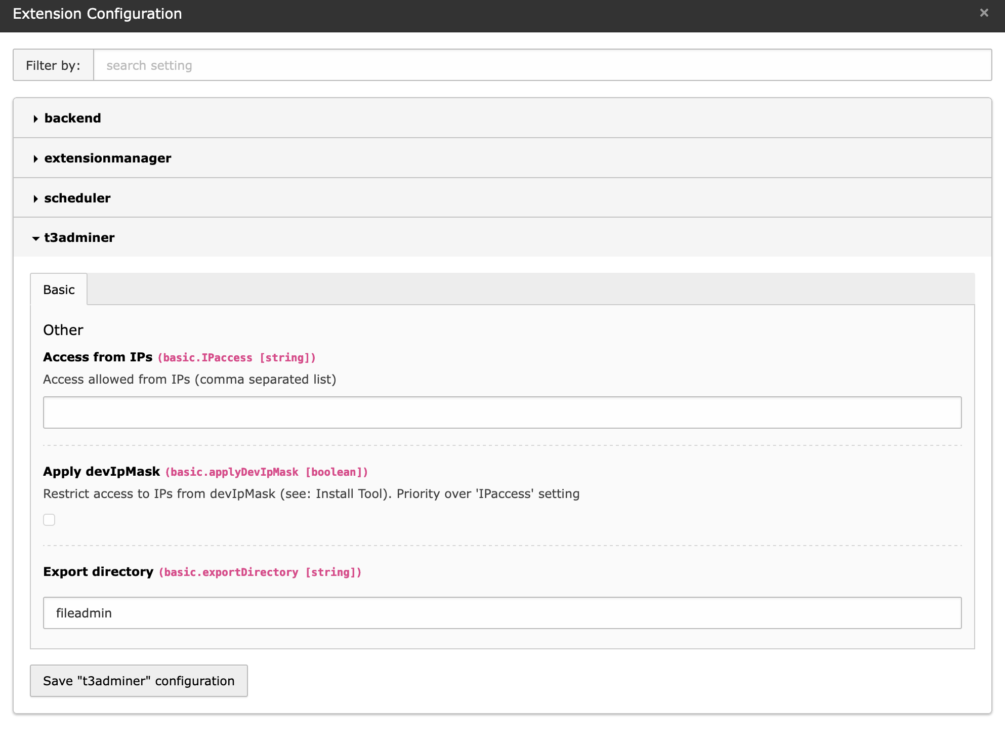 Extension settings for t3adminer