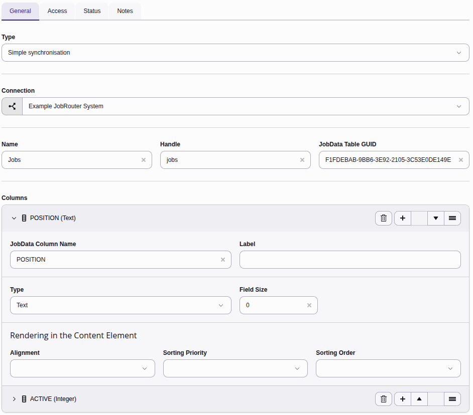 Create a table link of type Simple synchronisation