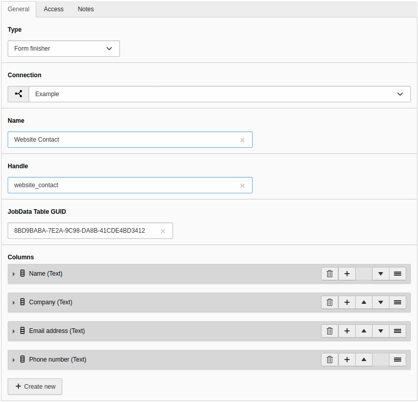 Create a table link of type Form finisher