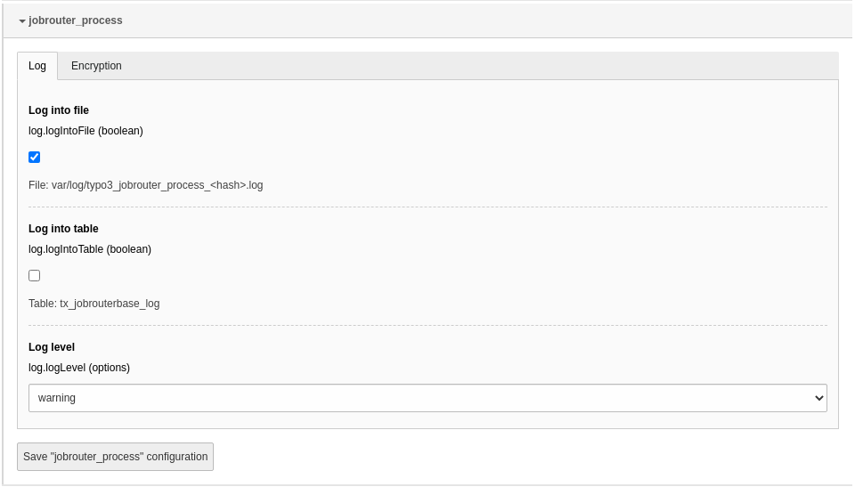 Options in the extension configuration