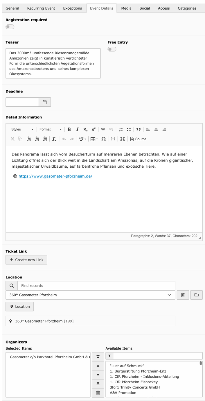 Form to enter recurring events Backend form to enter event details