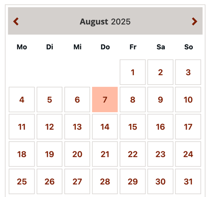 Month calendar view, days with events in bold, current day highlighted Month calendar view, days with events in bold, current day highlighted