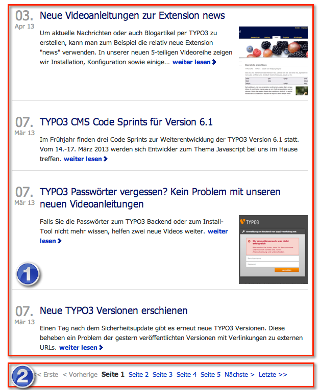 Standard list view of news with page browser at bottom