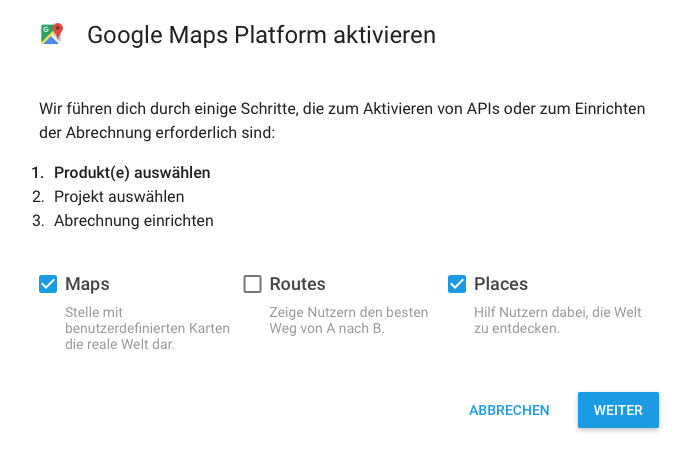 Google Maps Platform Wizard - Pick product