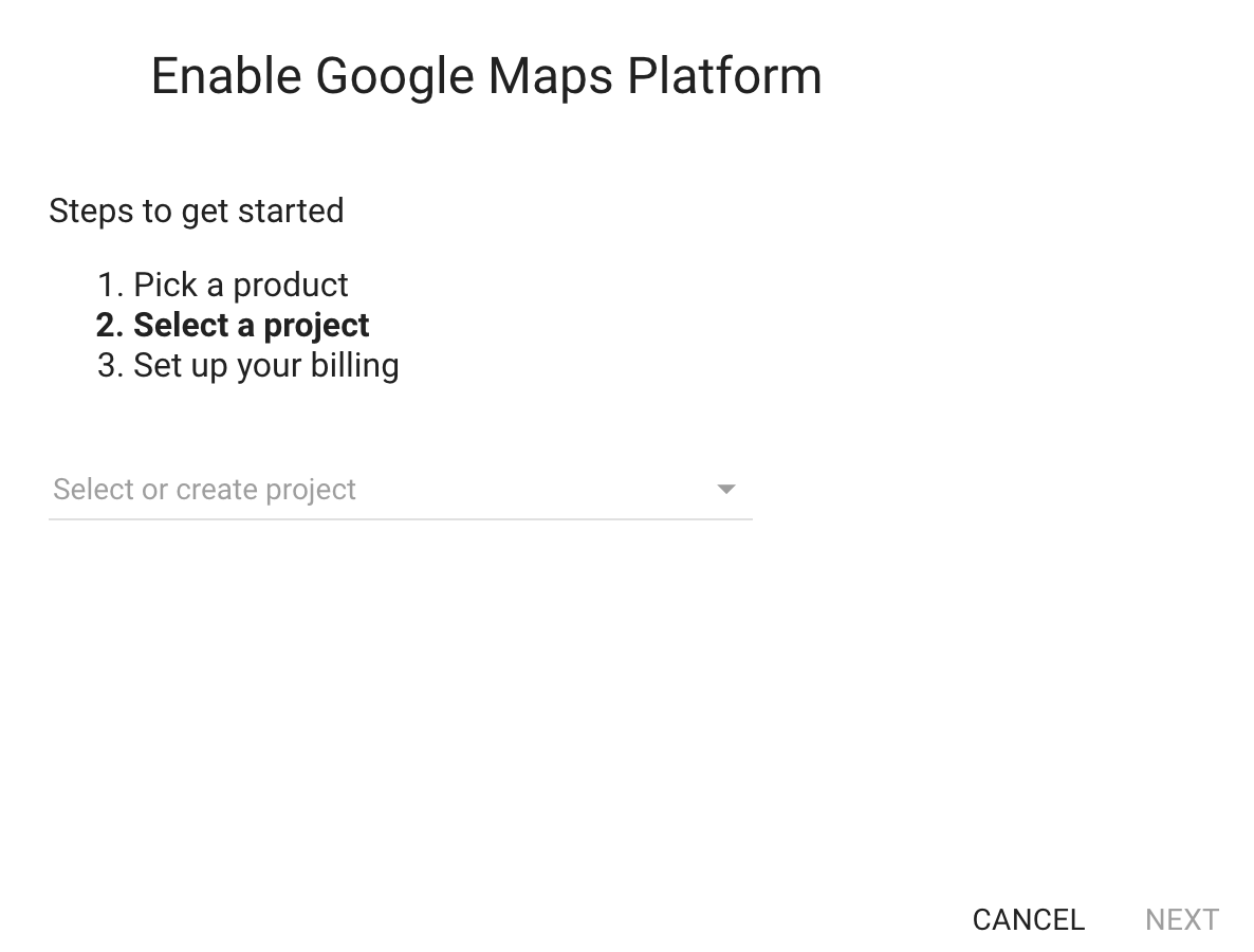 Google Maps Platform Wizard - Select a project