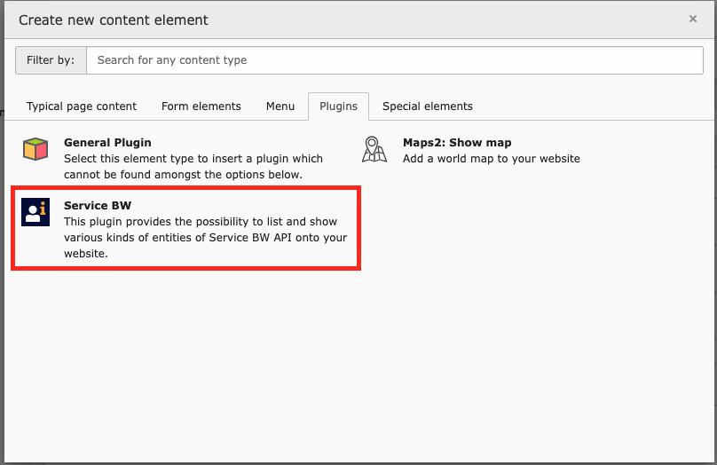 Choose plugin from content element wizard