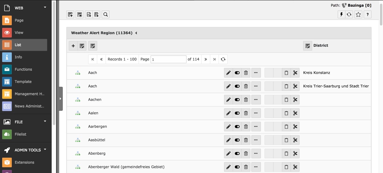 List view that shows alert records