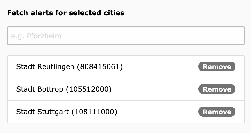 List of selected cities (warn cell records)