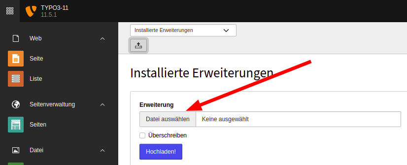 Upload Formular im Extensions Manager