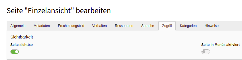 Schalter um Seiten im Menü zu verbergen