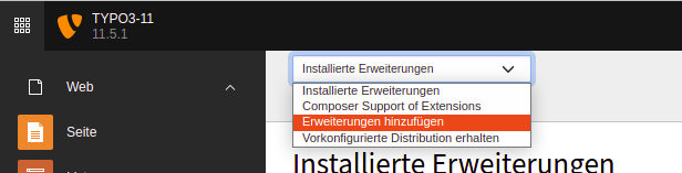 Bildschirmausschnitt der Auswahlbox im Extension Manager