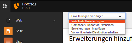 Bildschirmausschnitt der Auswahlbox im Extension Manager