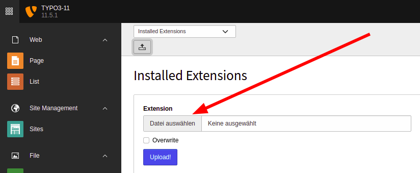 Upload form in Extensions Manager