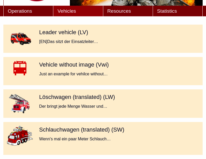 Screenshot of a simple list of vehicle data in frontend