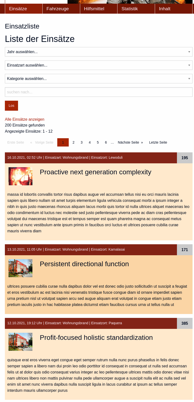 Screenshot der Frontendansicht der Einsatzliste