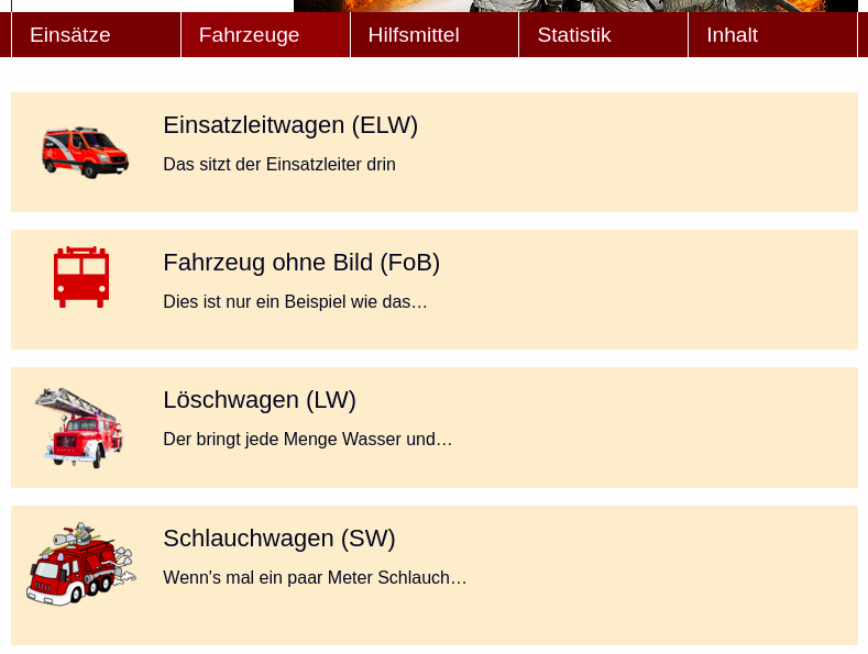 Screenshot der Listenansicht von Fahrzeugen im Frontend