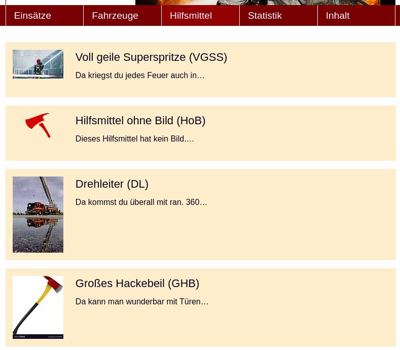 Screenshot der Listenansicht von Hilfsmitteln im Frontend