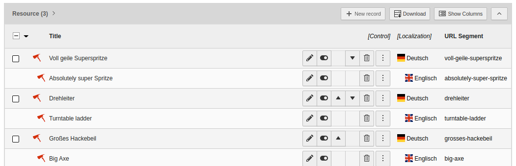 Backend Liste von Datensätzen des Typs: Hilfsmittel