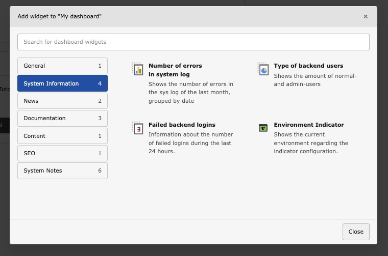 Dashboard Widget Selection