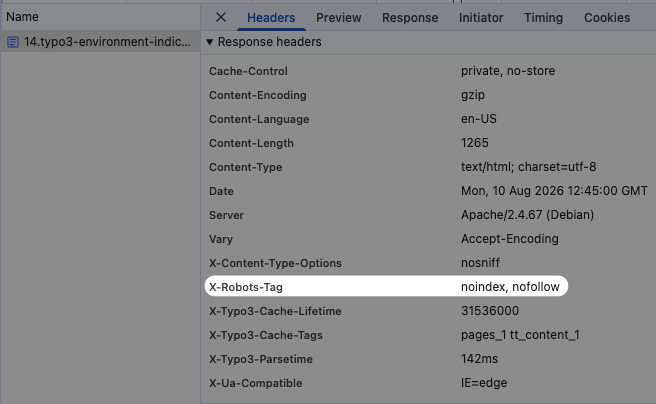 Browser devtools network panel showing the X-Robots-Tag response header