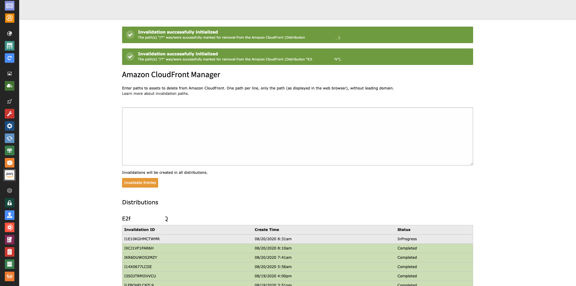 Backend view of the AWS Tools module after invalidating entries