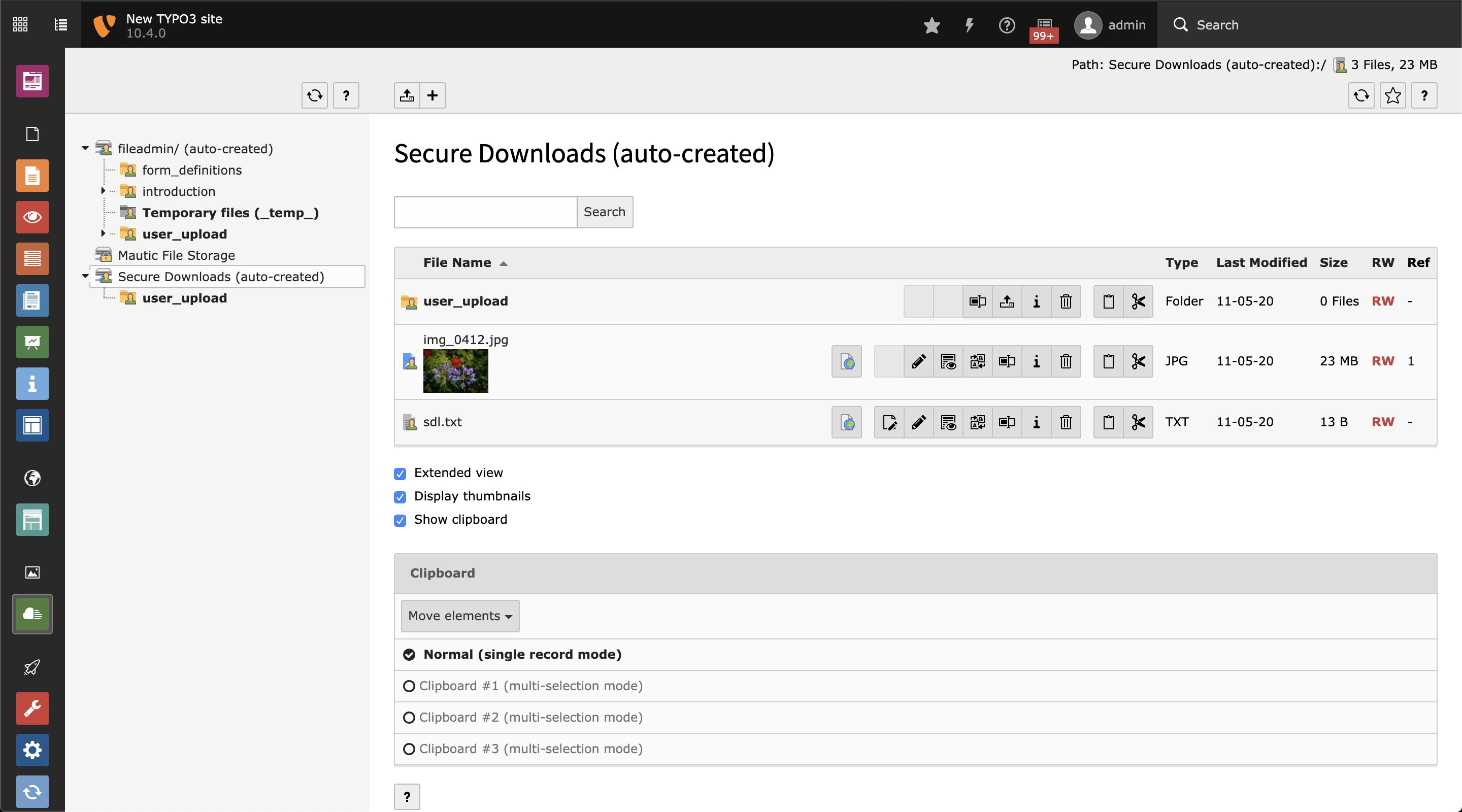 The "Secure Downloads" file storage in the file list module