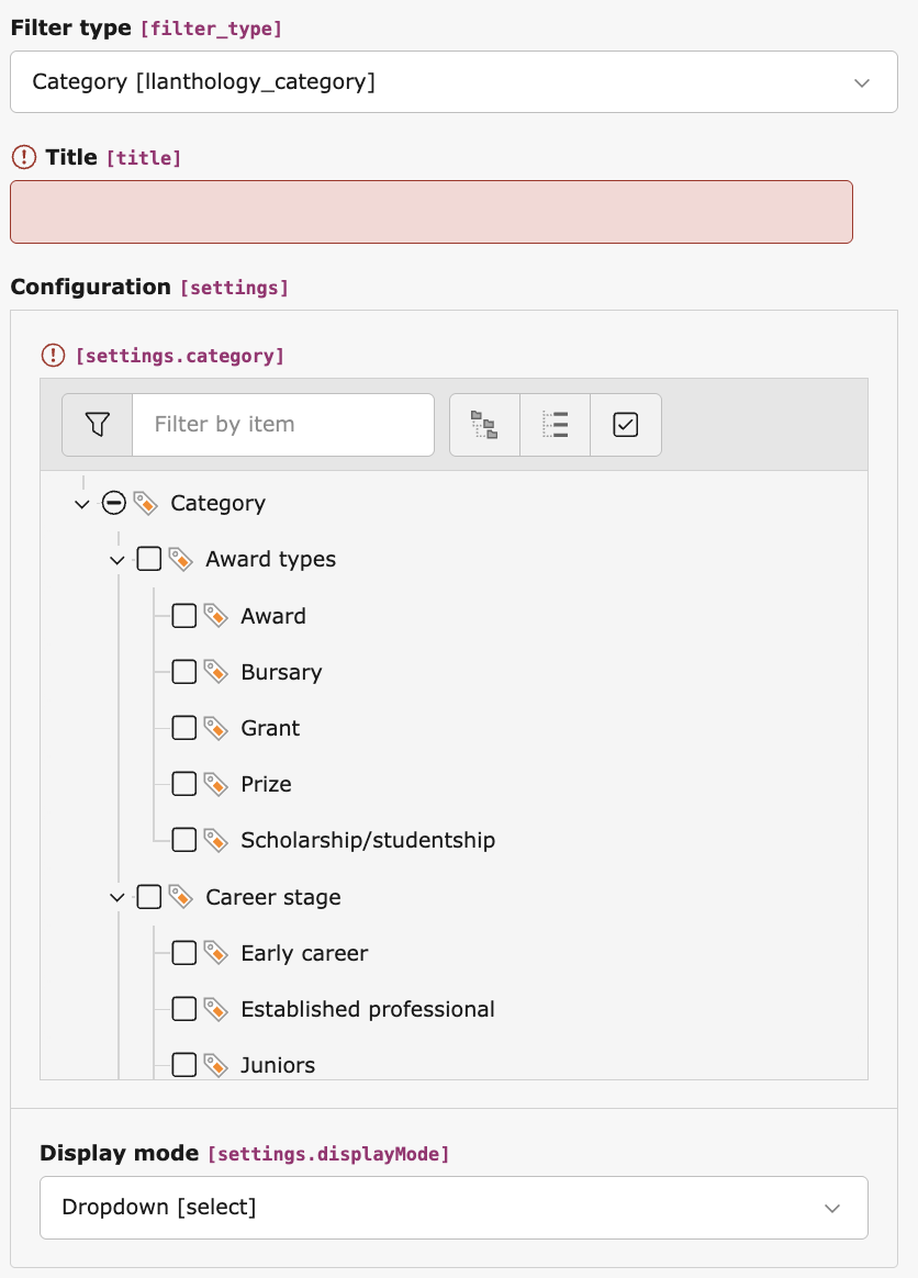 Configure category filter